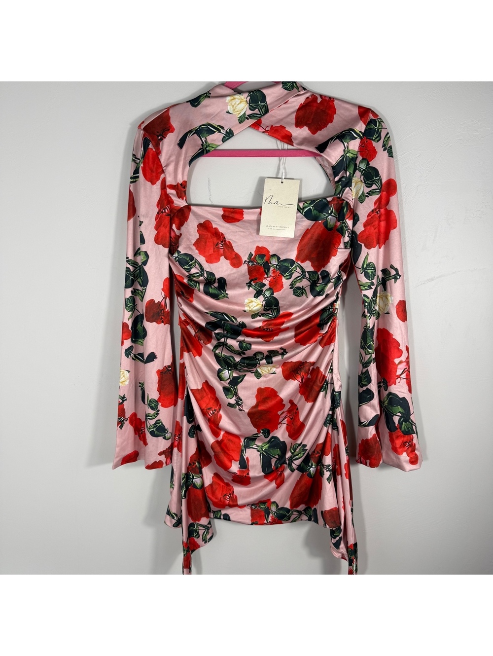 Mew Mews Pink Red Floral High Neck Ruched Draped Open Back Long Sleeve Dress | S